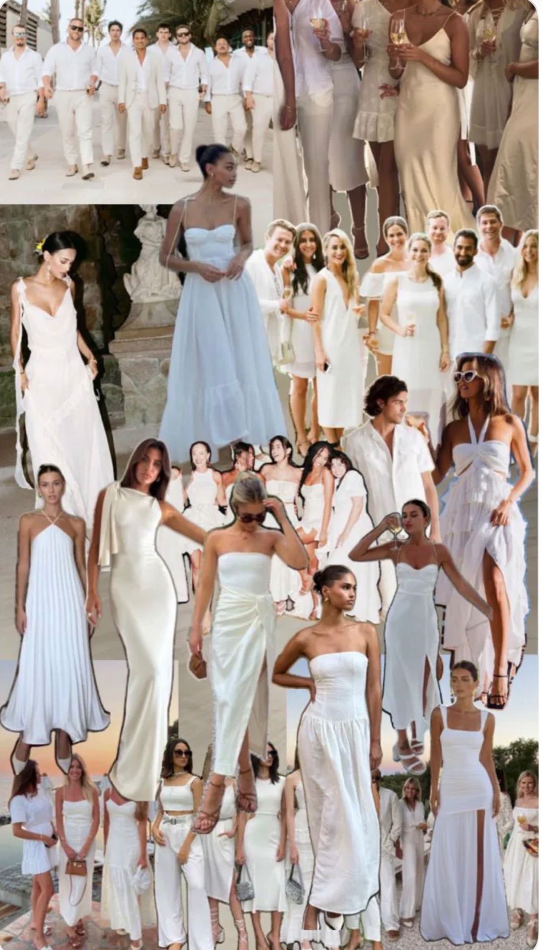 Collage of white outfit inspiration for the welcome dinner — linen suits, silk slip dresses, cotton and tulle, in ivory, cream and bone.
