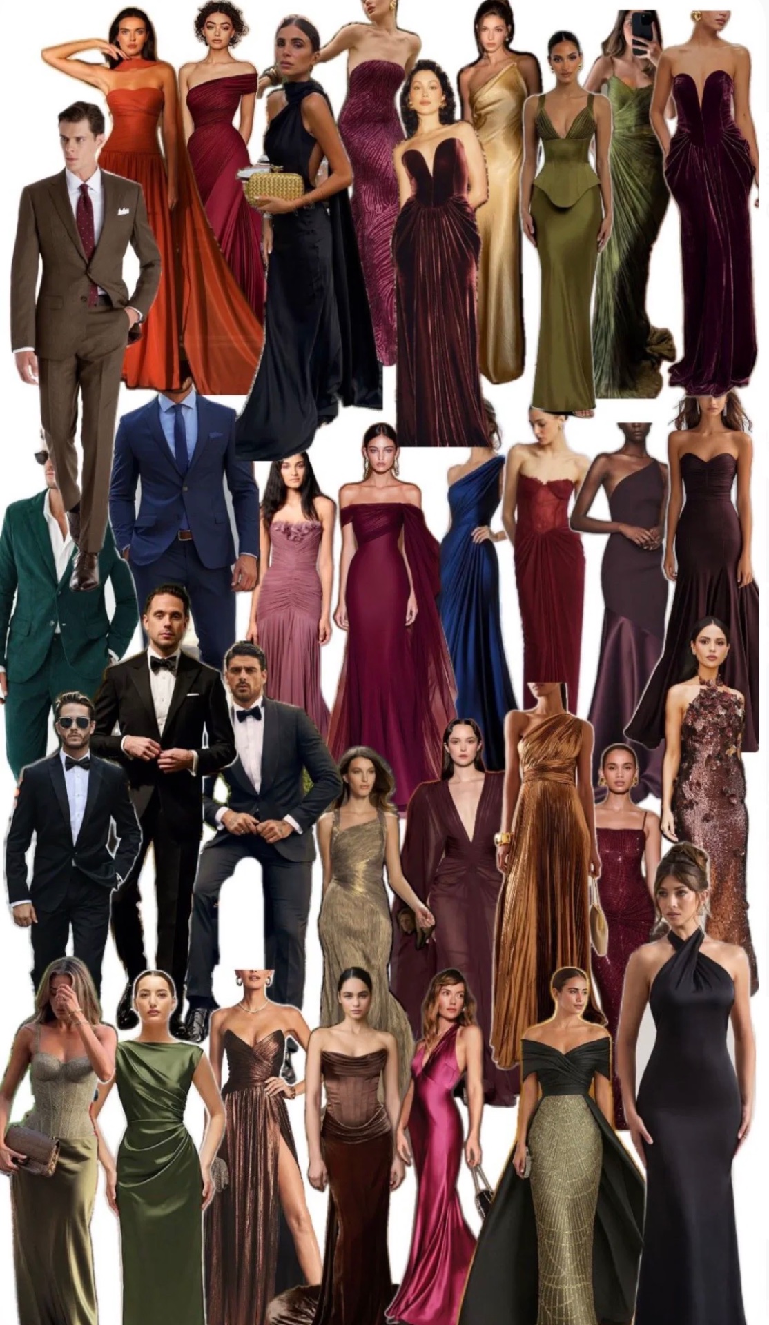 Collage of black-tie outfit inspiration for the wedding day — tuxedos, silk and velvet gowns in burgundy, emerald, aubergine, navy, and bronze.